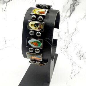 Reversible Catholic Saints Bracelet Hematite Stretch Religious Bracelet 7in